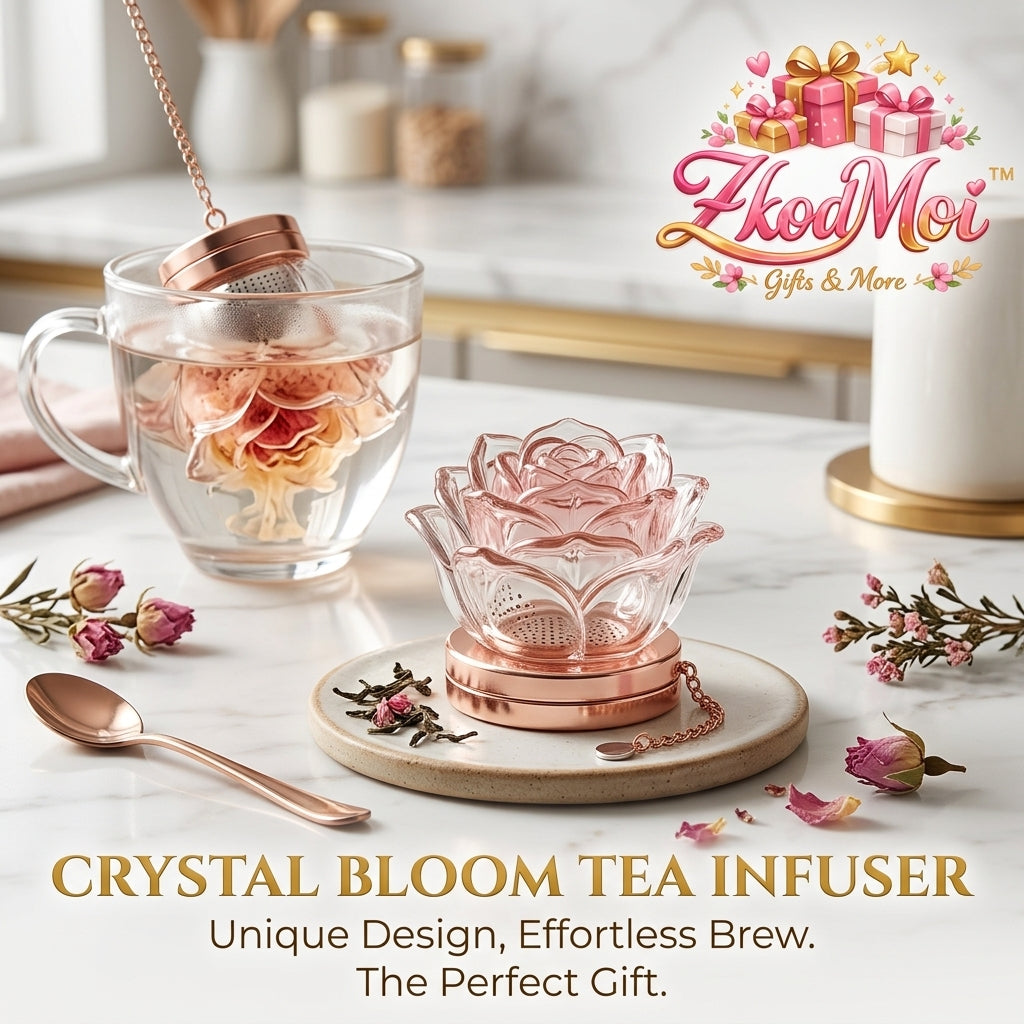 ZkodMoi™ Crystal Bloom Tea Infuser - Elegant Rose Gold Loose Leaf Tea Steeper | Flower-Shaped Glass Tea Strainer & Spoon Set | Unique Tea Gift for Women, Mother's Day, Tea Lovers
