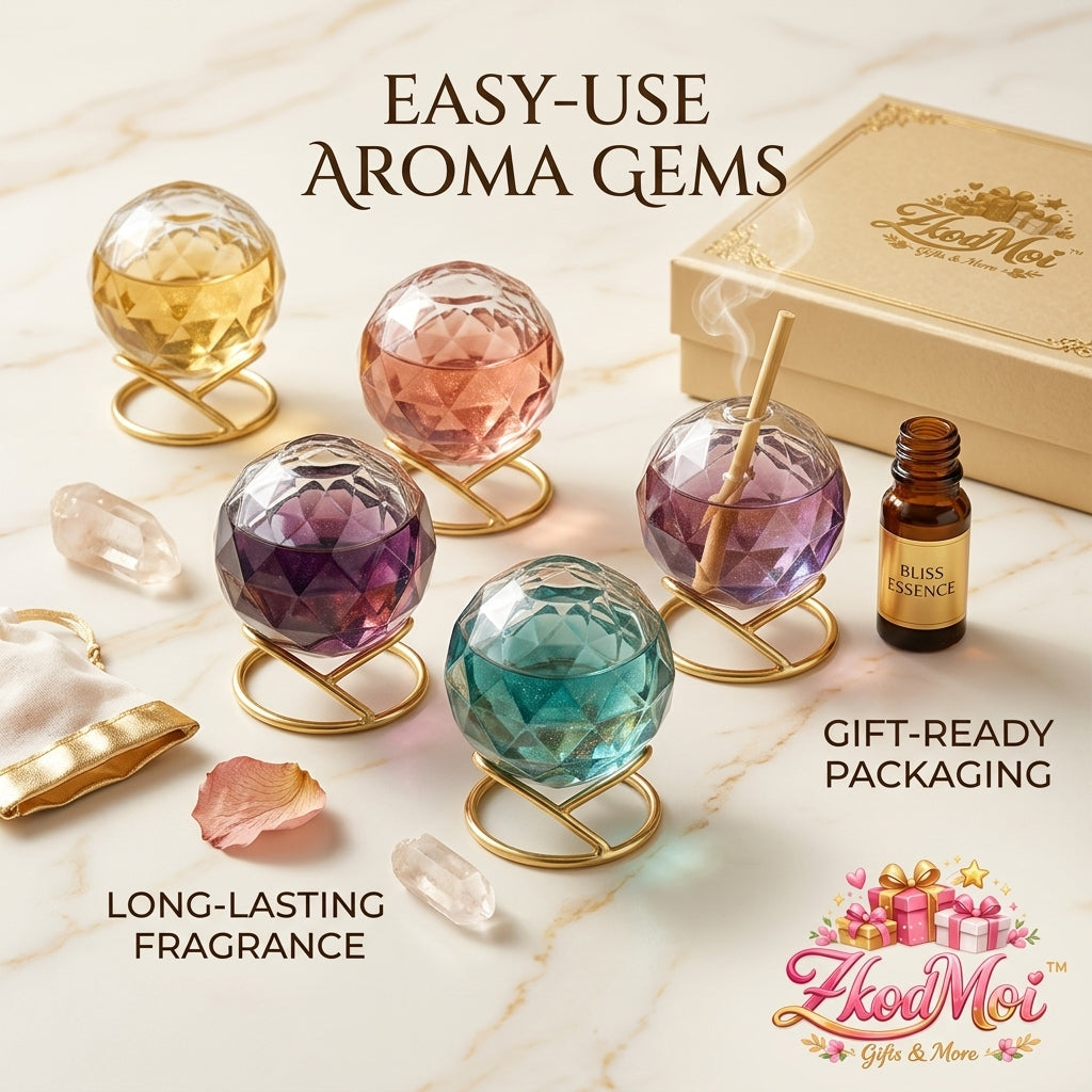 ZkodMoi™ Luxury Crystal Aroma Gems Gift Set - Faceted Glass Essential Oil Diffuser & Incense Holder with Gold Stands, Bliss Essence Oil, and Healing Crystals - Aesthetic Home Decor & Relaxation Gift