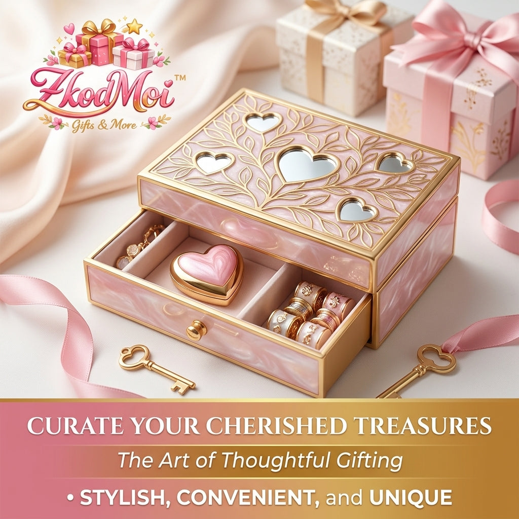 ZkodMoi™ Elegant Pink Heart Jewelry Box – Decorative Jewelry Organizer Case with Storage Drawer & Mirror – Keepsake Box for Rings, Earrings & Trinkets – Romantic Gift for Her