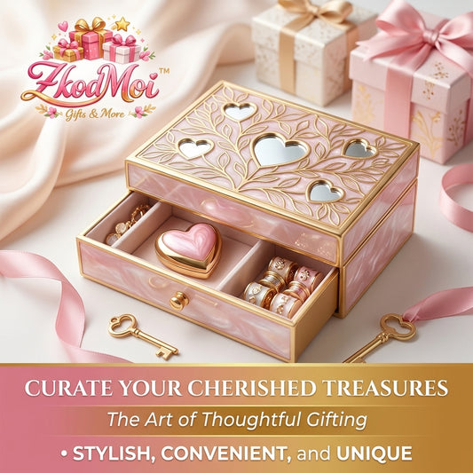 ZkodMoi™ Elegant Pink Heart Jewelry Box – Decorative Jewelry Organizer Case with Storage Drawer & Mirror – Keepsake Box for Rings, Earrings & Trinkets – Romantic Gift for Her