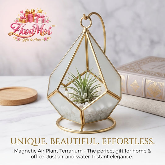 ZkodMoi™ Magnetic Air Plant Terrarium with Elegant Gold Stand – Premium Geometric Hanging Glass Tillandsia Planter | Modern Home & Office Desk Decor | Low-Maintenance Aesthetic Indoor Plant Pot Gift Set
