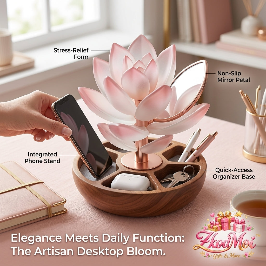 ZkodMoi™ Lotus Desk Organizer with Phone Stand & Vanity Mirror – Aesthetic Wooden Tray for Office, Vanity, and Home Decor – The Perfect Unique Gift